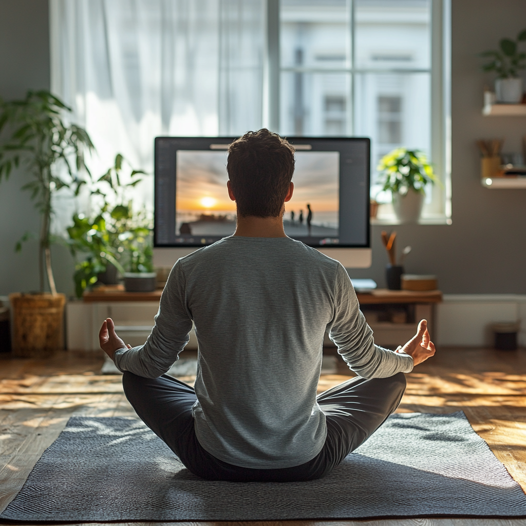 Людина практикує йогу вдома перед комп'ютером, підключившись до онлайн заняття
