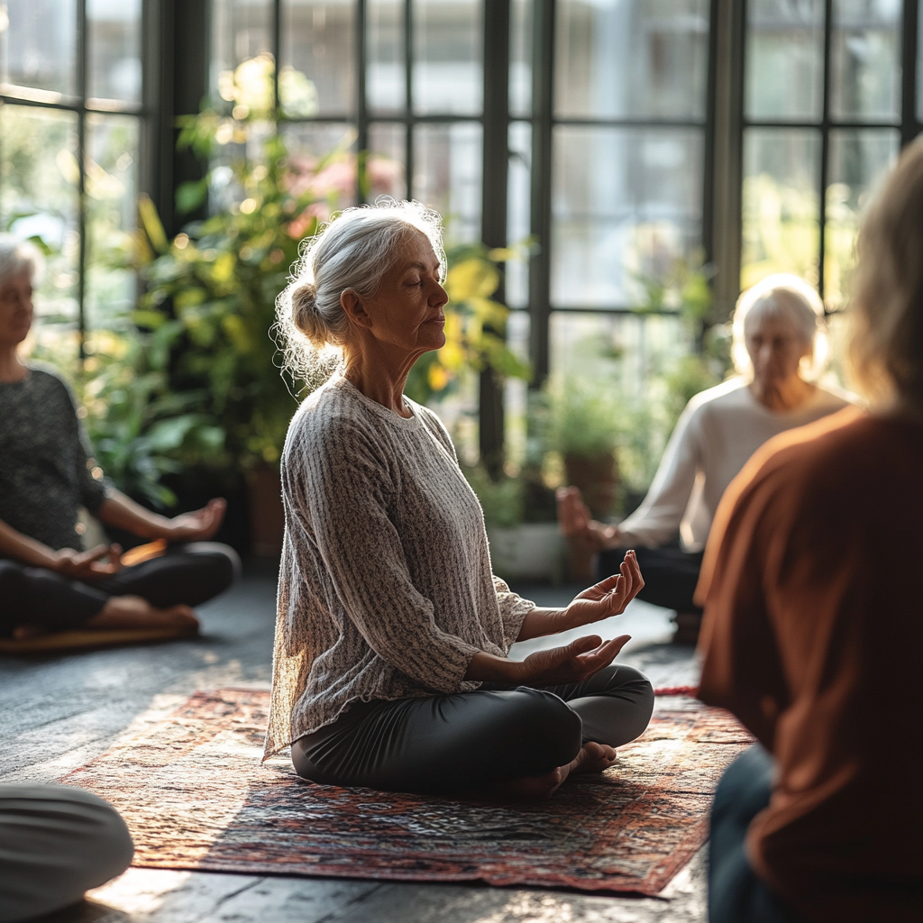Інструктор йоги демонструє базові асани новачкам у затишній студії з природним освітленням